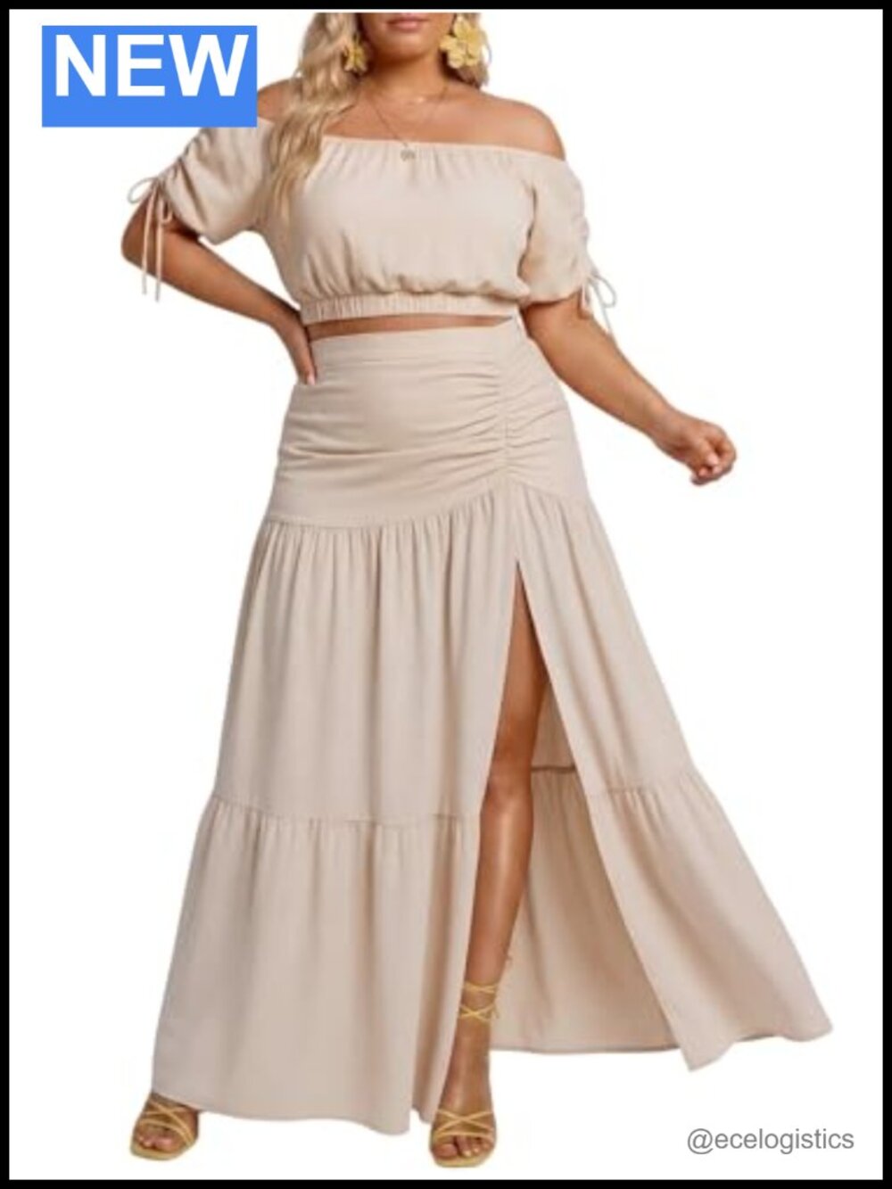 Plus Size 2 Piece Outfit Off Shoulder Crop Top Side Slit Maxi Skirt Set Summer